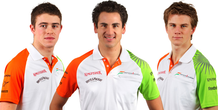 Пилоты Force India в сезоне 2011 года: Пол ди Реста, Адриан Сутиль и Нико Хюлькенберг