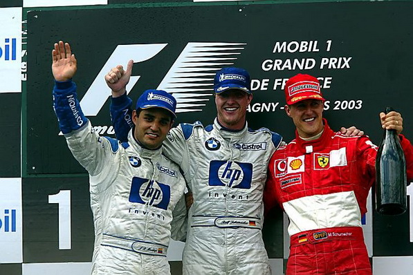 Подиум Гран-При Франции 2003: Хуан-Пабло Монтойя, Ральф Шумахер и Михаэль Шумахер | 2003 French Grand Prix podium: Juan-Pablo Montoya, Ralf Schumacher and Michael Schumacher